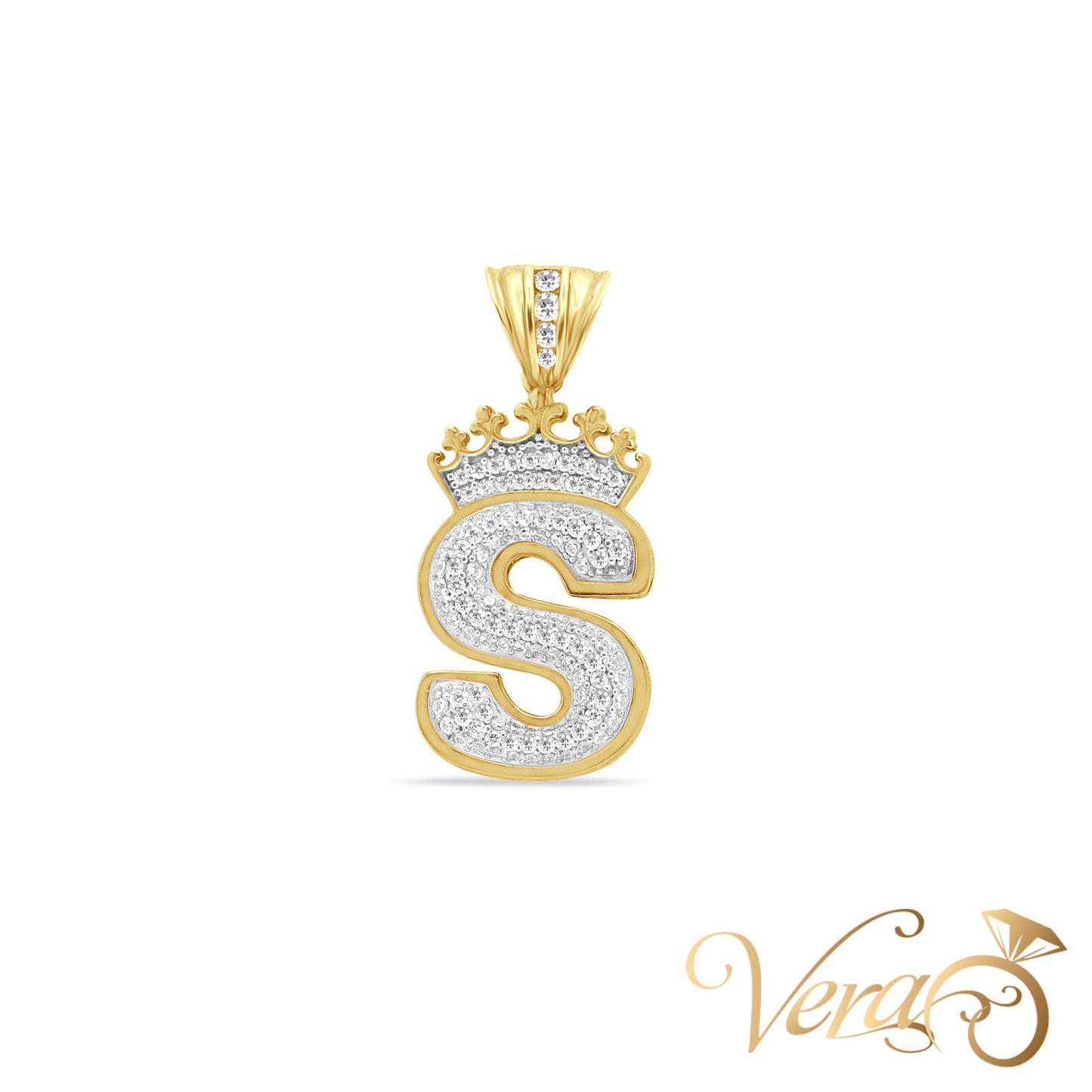 10K Yellow Gold Crowned Letter “S” Pendant with CZ