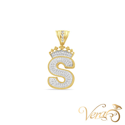 10K Yellow Gold Crowned Letter “S” Pendant with Cubic Zirconia