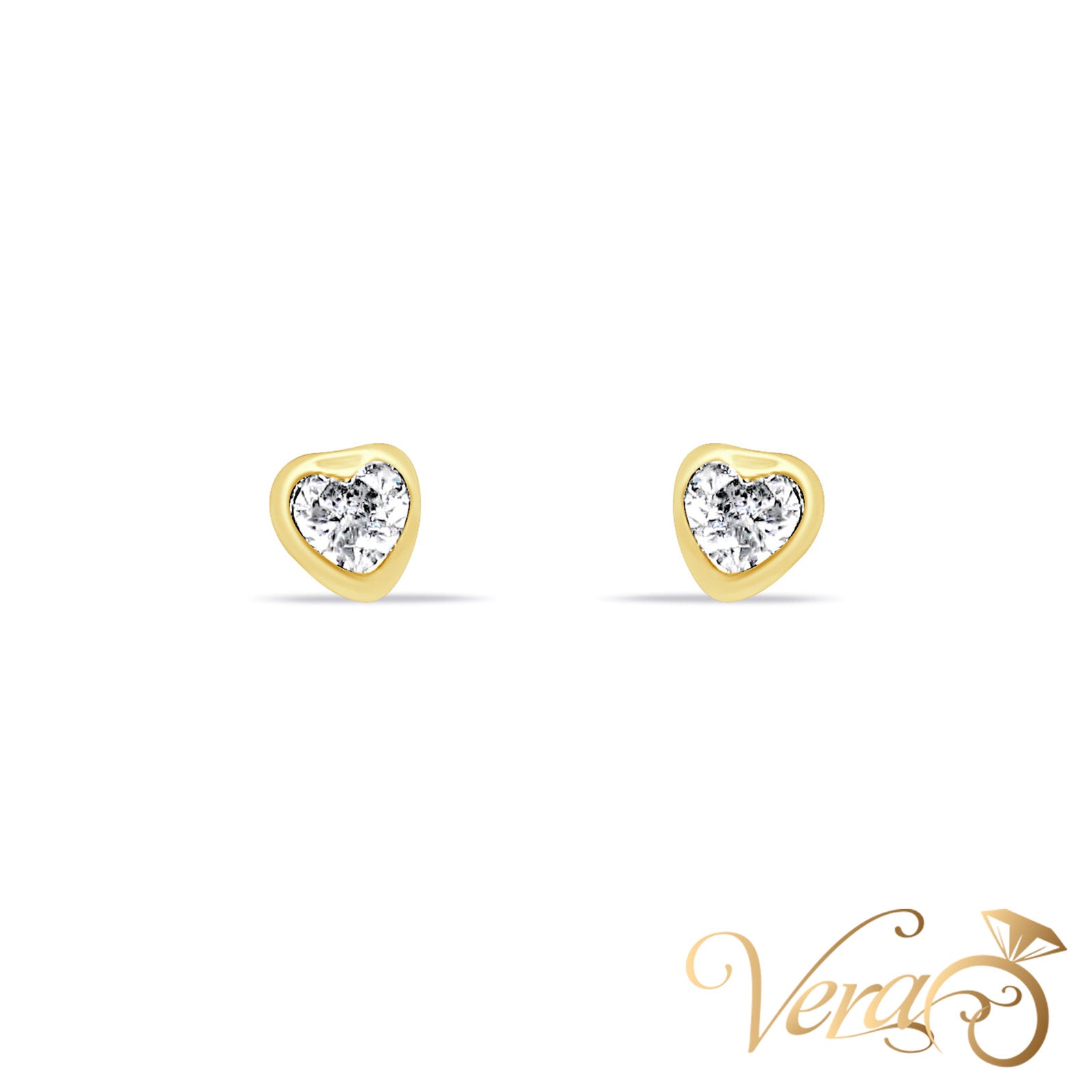 14K Yellow Gold Heart Stud Earrings with CZ Center, 4mm - Vera Jewelry in Miami