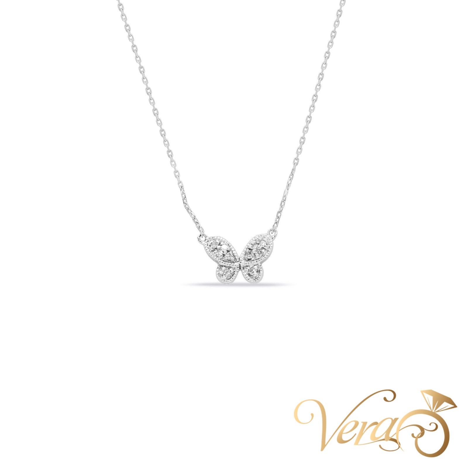 14K White Gold Butterfly Pendant with Chain & 0.05ct Diamond  18" - Vera Jewelry in Miami