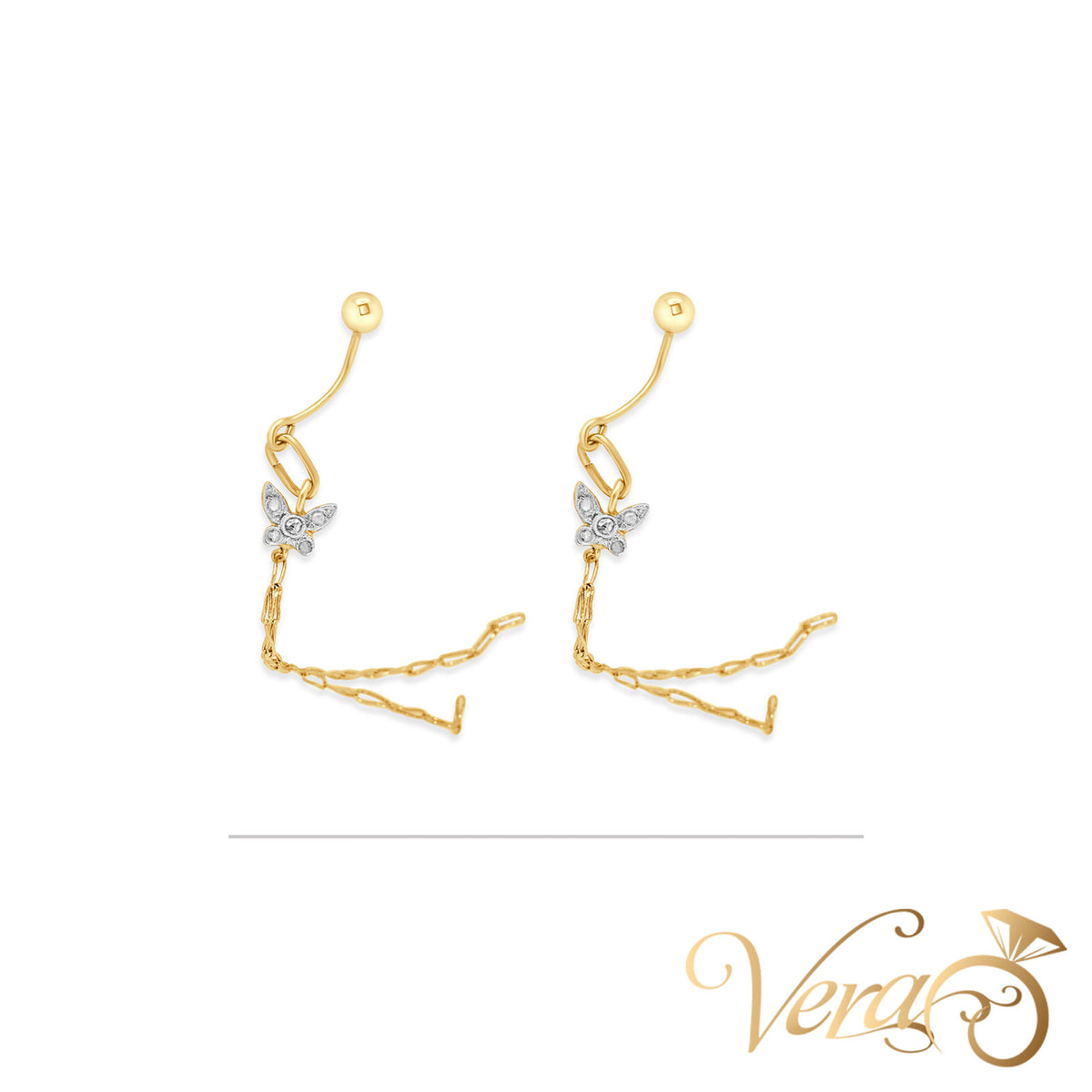 14K Yellow Gold Belly Button Piercing with Natural Diamond Butterfly, 0.05 ct - Vera Jewelry in Miami