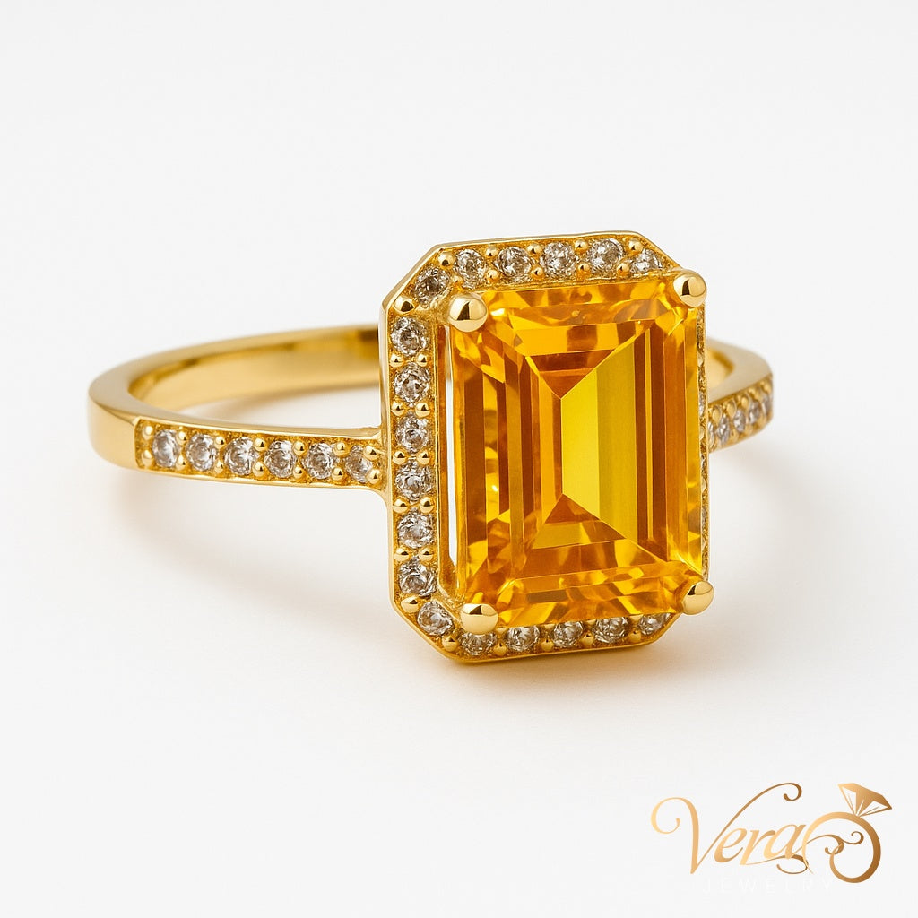 14K YG Cocktail Ring with Yellow Topaz and Cubic Zirconia