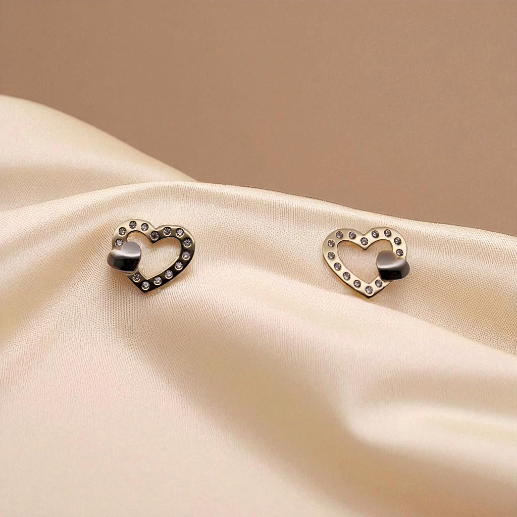 14K YG Heart Frame Cubic Zirconia Earrings