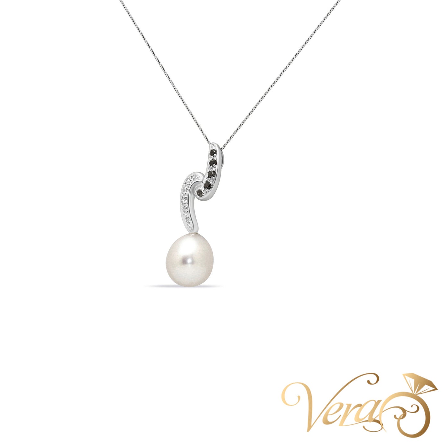 18K White Gold Pearl & Diamond Pendant with Chain  0.10ct  17" - Vera Jewelry in Miami