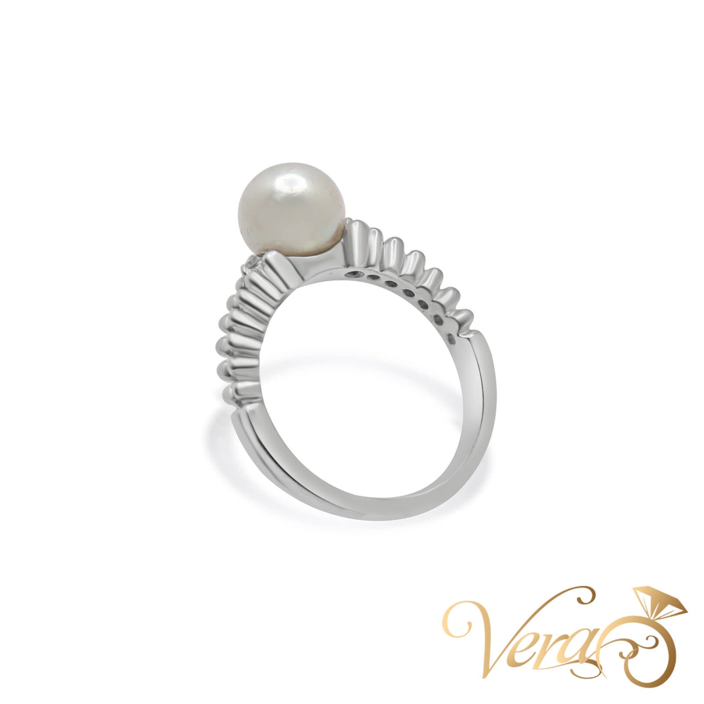 18K WG Women Ring 0.02 ct NAT & Pearl, Size 5.5, 4.8g