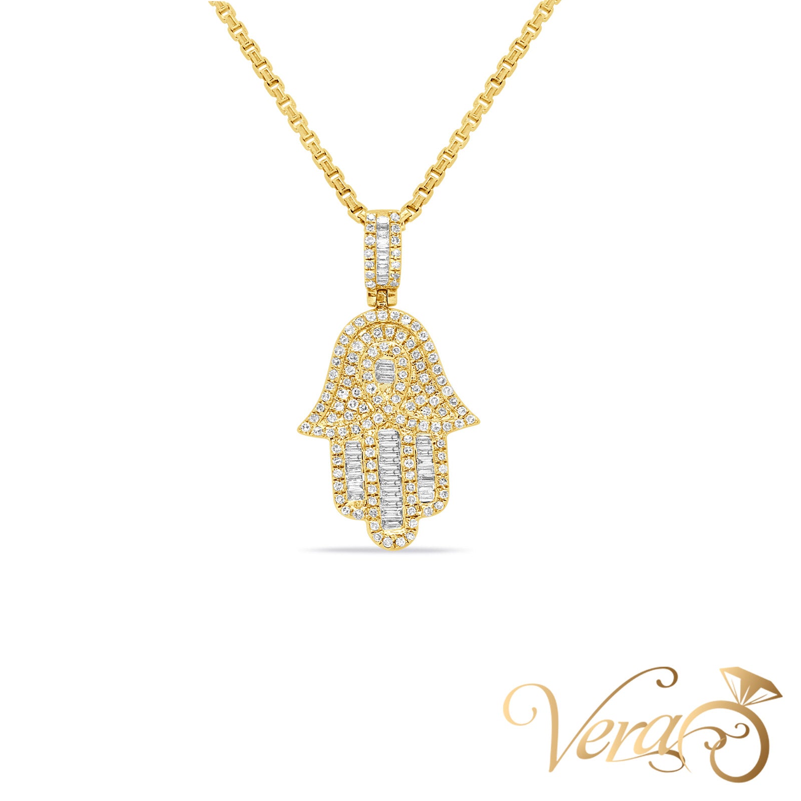 14K Yellow Gold Hamsa Hand Pendant with 1.00 ct Natural Diamond  30mm, 2.96g - Vera Jewelry in Miami