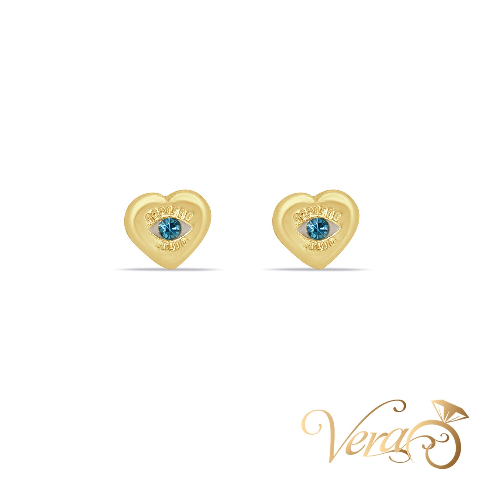 14K Yellow Gold Heart Stud Earrings with Blue CZ Evil Eye, 7mm - Vera Jewelry in Miami