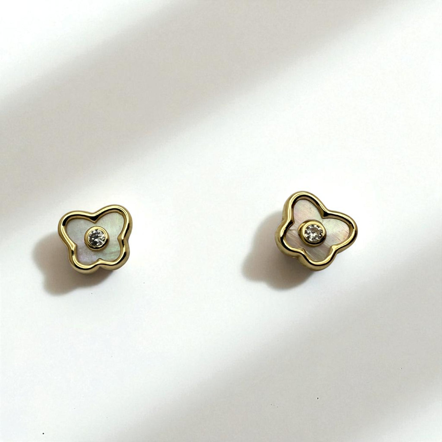 14K YG Butterfly Mother of Pearl & Cubic Zirconia Earrings