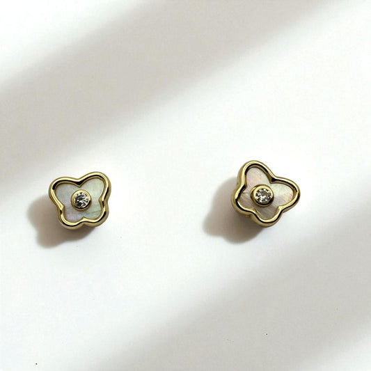 14K YG Butterfly Mother of Pearl & Cubic Zirconia Earrings