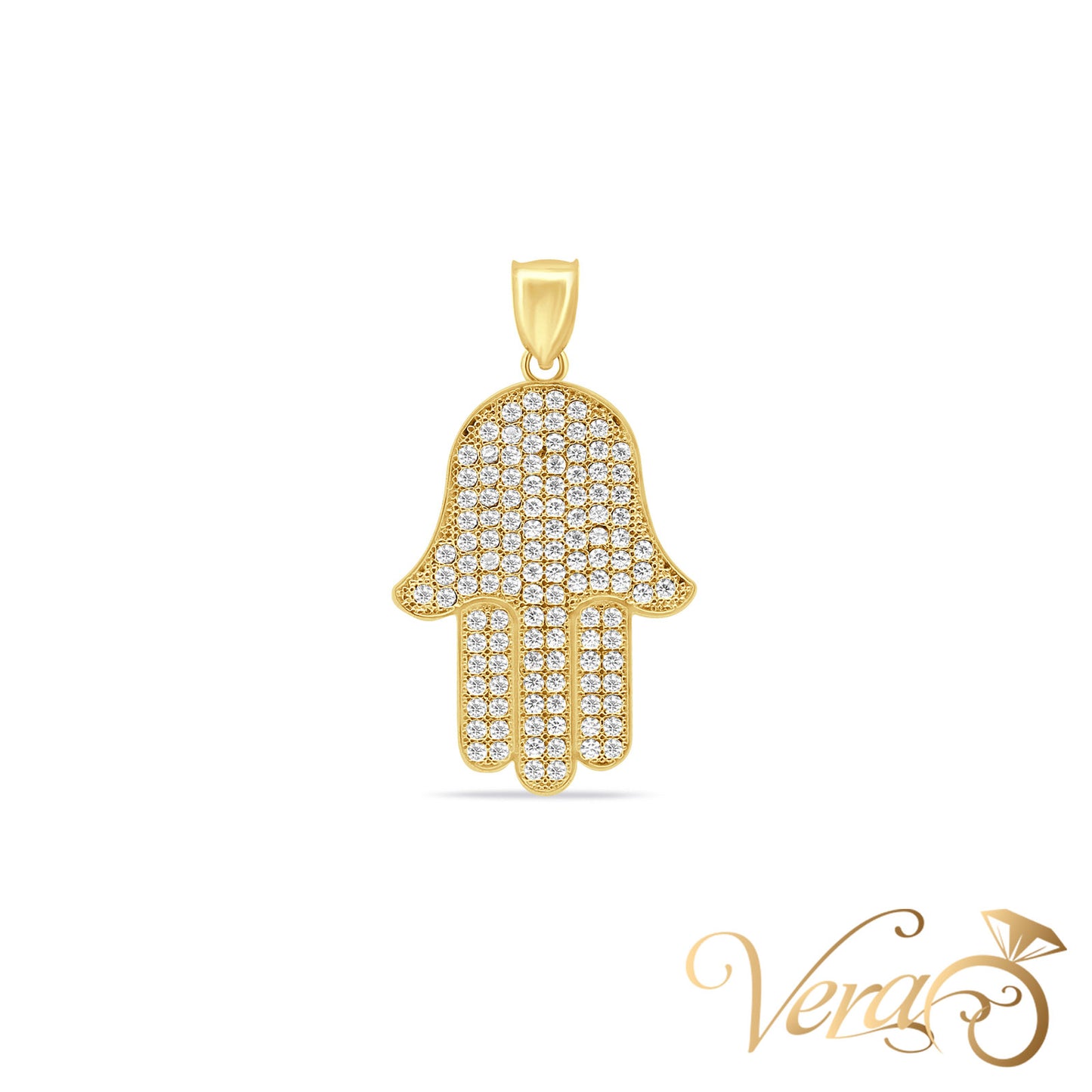 10K Yellow Gold Hamsa Hand Pendant with CZ – 37mm