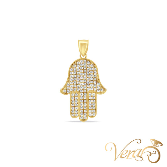 10K Yellow Gold Hamsa Hand Pendant with CZ – 37mm