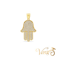 10K Yellow Gold Hamsa Hand Pendant with CZ – 37mm