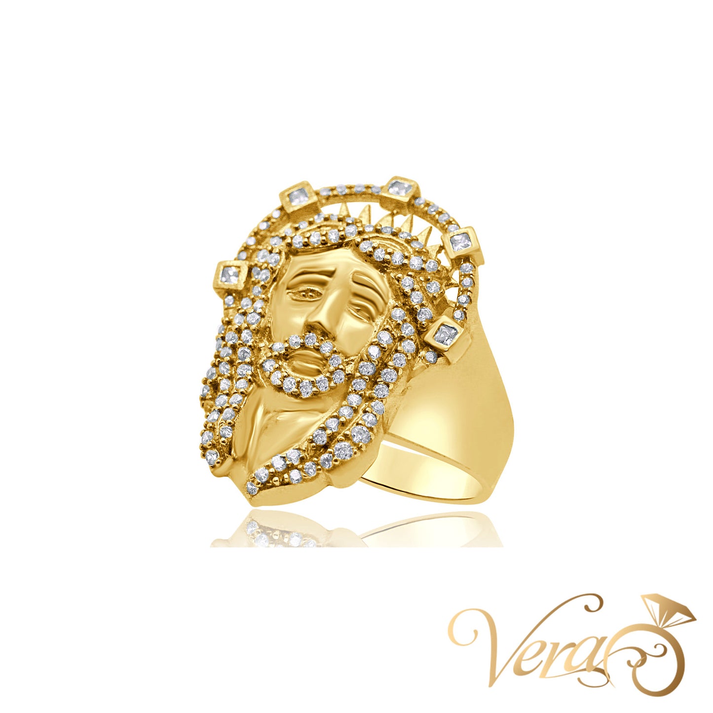 10K Yellow Gold Men’s Ring with Jesus Face and CZ, Size 10, 7.1g