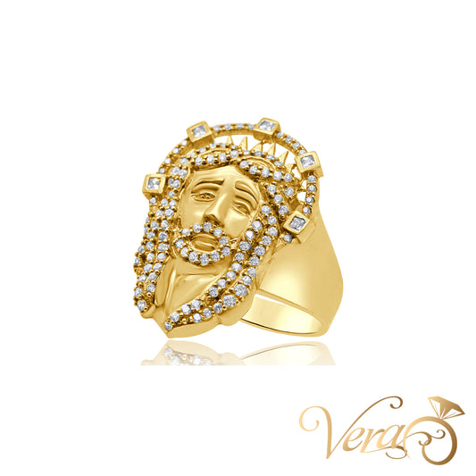 10K Yellow Gold Men’s Ring with Jesus Face and CZ, Size 10, 7.1g - Vera Jewelry in Miami
