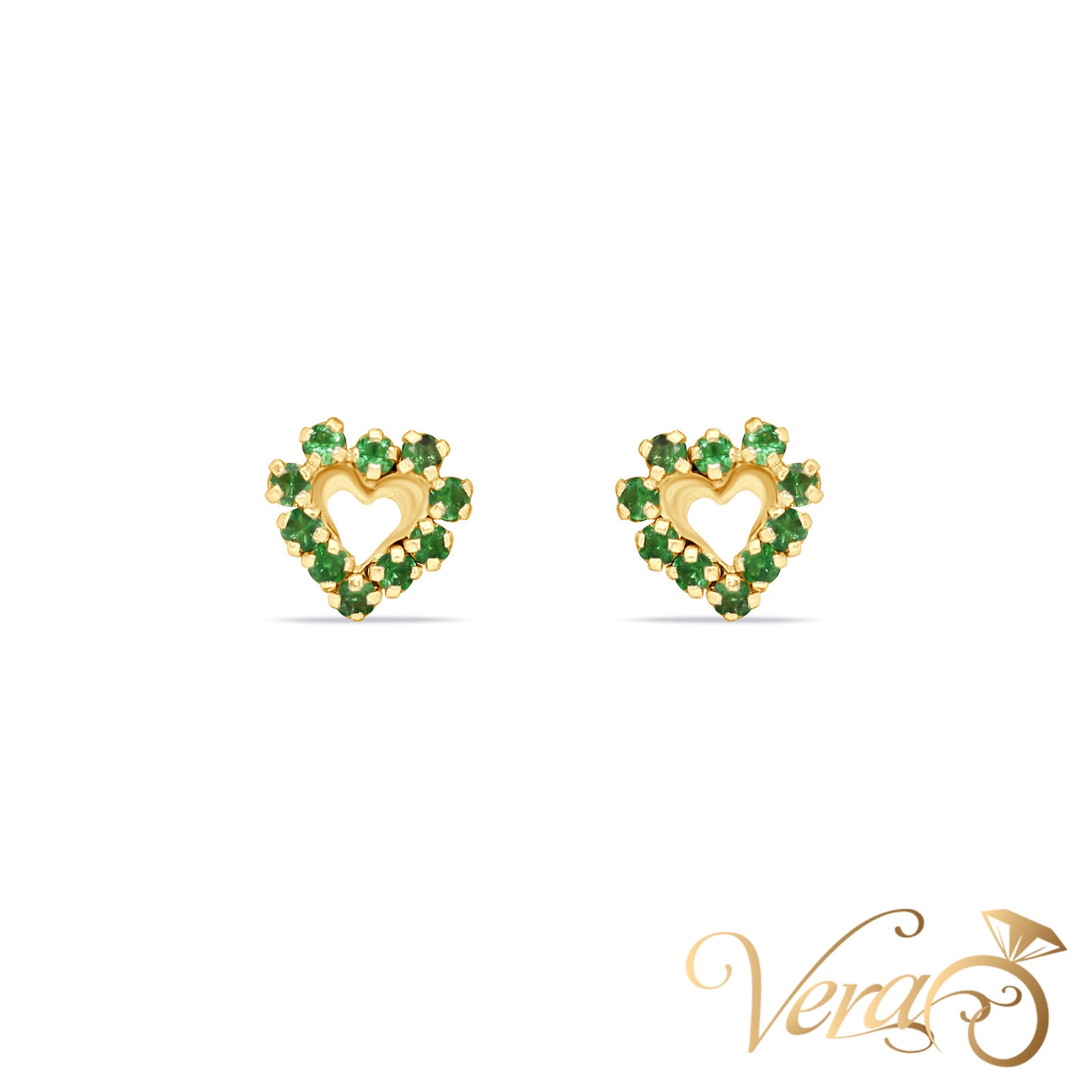 14K Yellow Gold Heart Stud Earrings with Cubic Zirconia, 8mm - Vera Jewelry in Miami
