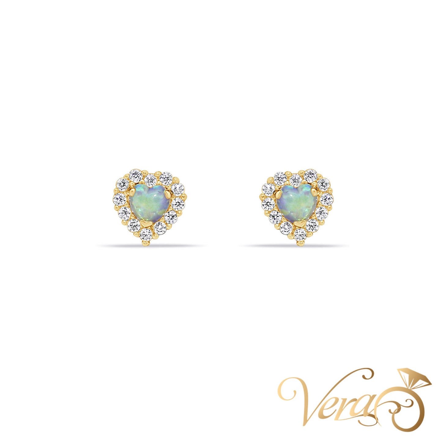 14K Yellow Gold Heart Stud Earrings with Opal & Cubic Zirconia, 6mm - Vera Jewelry in Miami