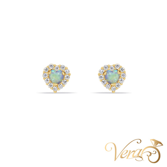 14K Yellow Gold Heart Stud Earrings with Opal & Cubic Zirconia, 6mm - Vera Jewelry in Miami