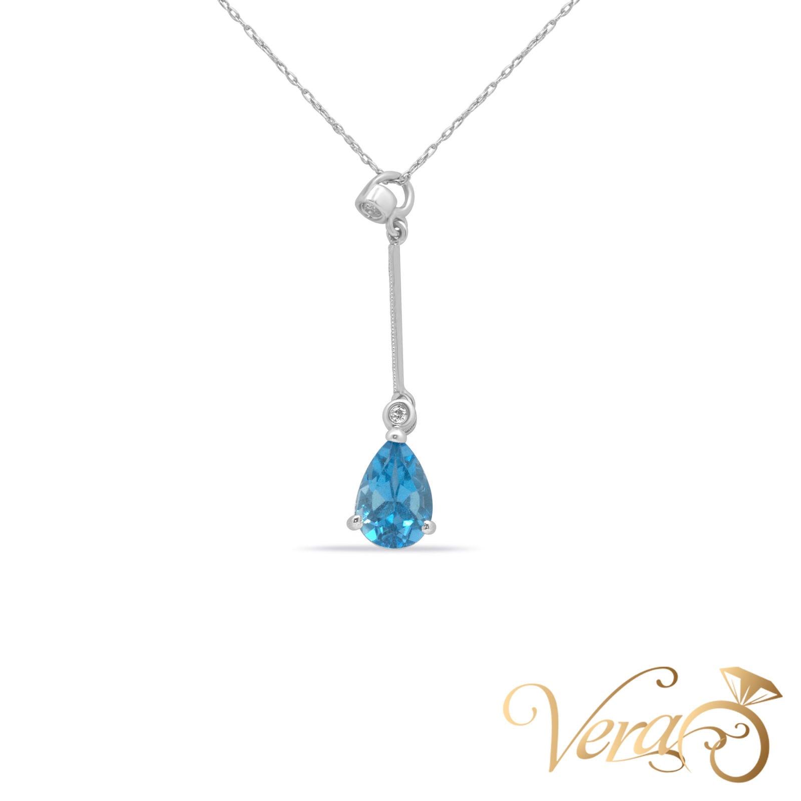14K White Gold Topaz & Diamond Pendant with Chain  0.04ct  18" - Vera Jewelry in Miami