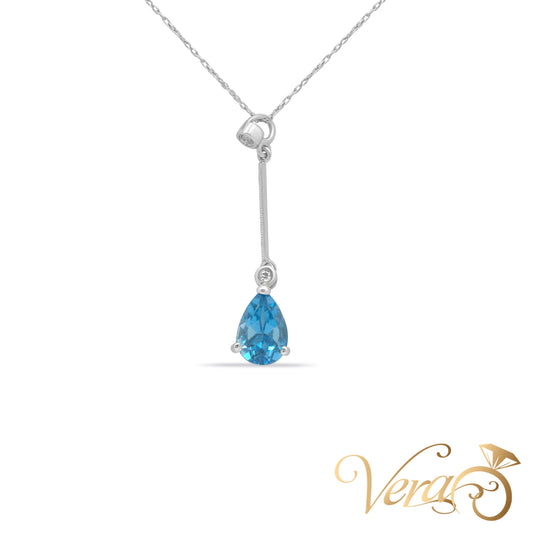 14K White Gold Topaz & Diamond Pendant with Chain – 0.04ct – 18"