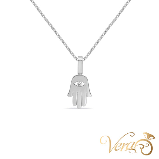 14K White Gold Hamsa Hand Pendant with Chain & 0.05ct Diamond – 20"