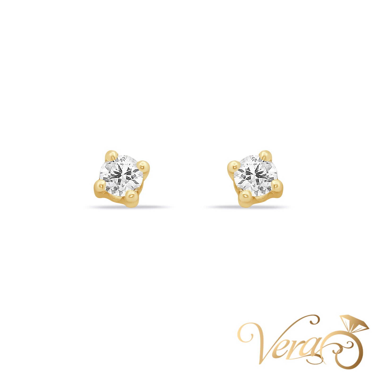 14K Yellow Gold Solitaire Stud Earrings with Cubic Zirconia, 8mm - Vera Jewelry in Miami