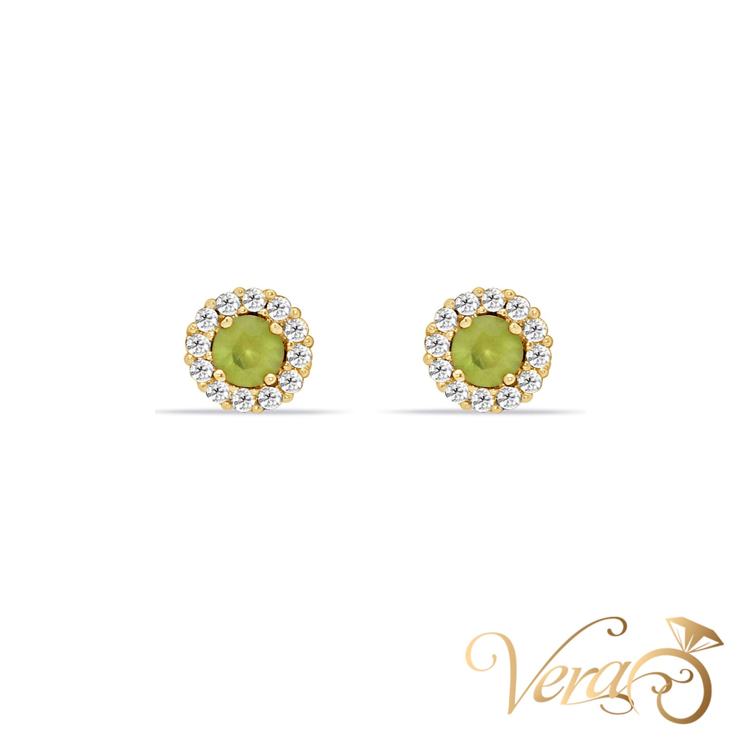 14K Yellow Gold Round Stud Earrings with Green & White Cubic Zirconia, 5.5mm - Vera Jewelry in Miami