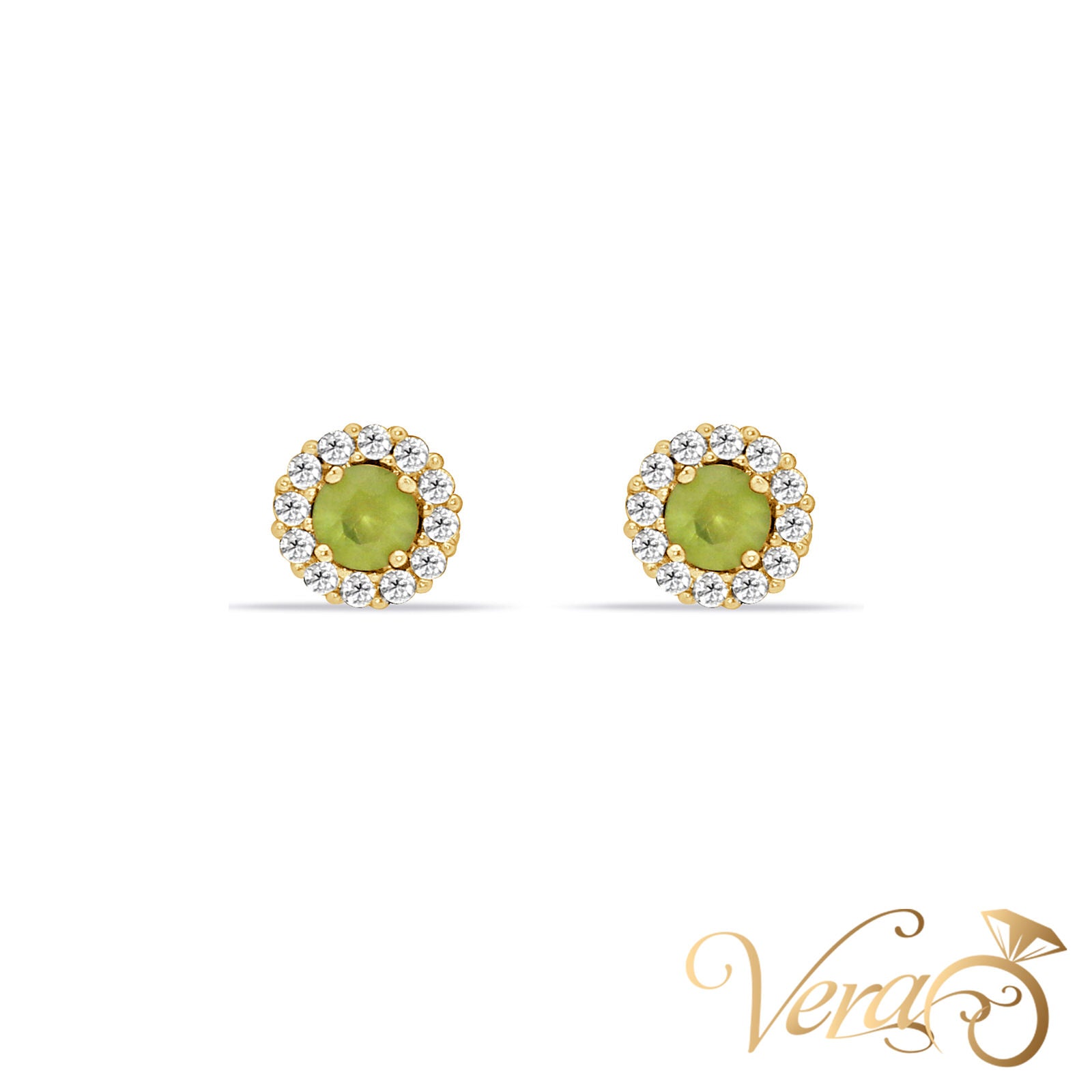14K Yellow Gold Round Stud Earrings with Green & White Cubic Zirconia, 5.5mm - Vera Jewelry in Miami