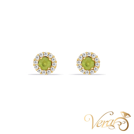 14K Yellow Gold Round Stud Earrings with Green & White Cubic Zirconia, 5.5mm - Vera Jewelry in Miami