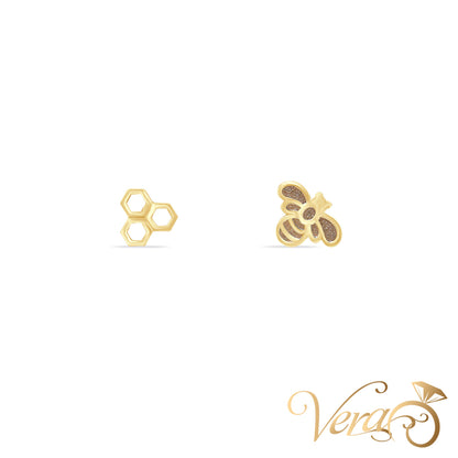14K Yellow Gold Bee & Honeycomb Stud Earrings, 7mm