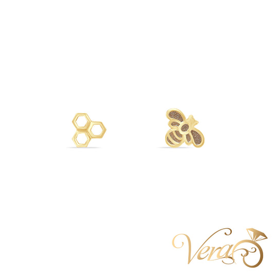 14K Yellow Gold Bee & Honeycomb Stud Earrings, 7mm - Vera Jewelry in Miami