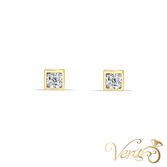 14K Yellow Gold Princess Cut Solitaire Stud Earrings with Cubic Zirconia, 5mm - Vera Jewelry in Miami