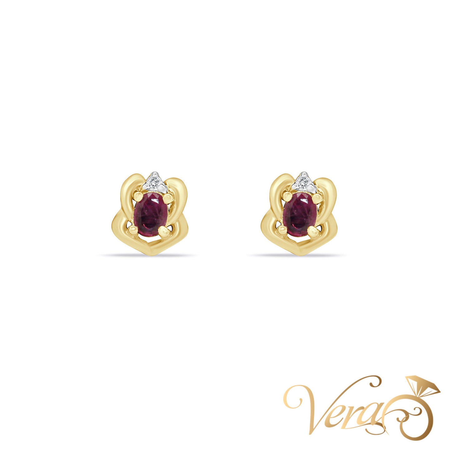 14K Yellow Gold Diamond and Ruby Stud Earrings, 0.02 ct, 8mm, 1.6g