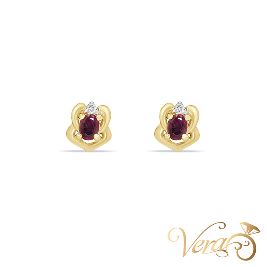 14K Yellow Gold Diamond and Ruby Stud Earrings, 0.02 ct, 8mm, 1.6g