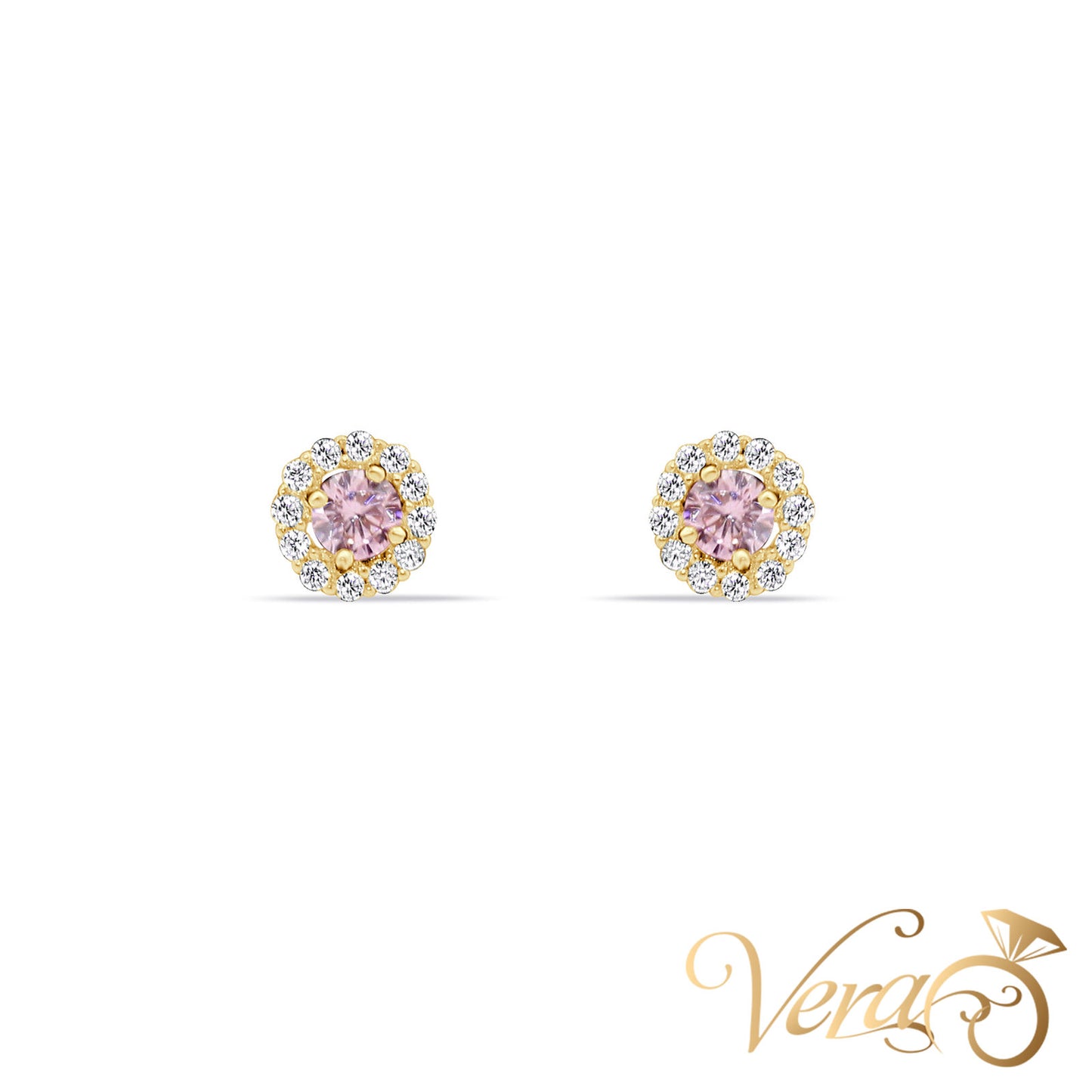 14K Yellow Gold Round Stud Earrings with Pink Cubic Zirconia, 5mm - Vera Jewelry in Miami