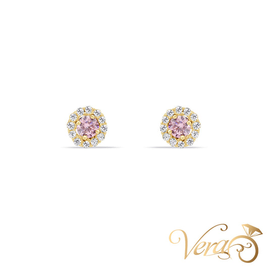 14K Yellow Gold Round Stud Earrings with Pink Cubic Zirconia, 5mm - Vera Jewelry in Miami