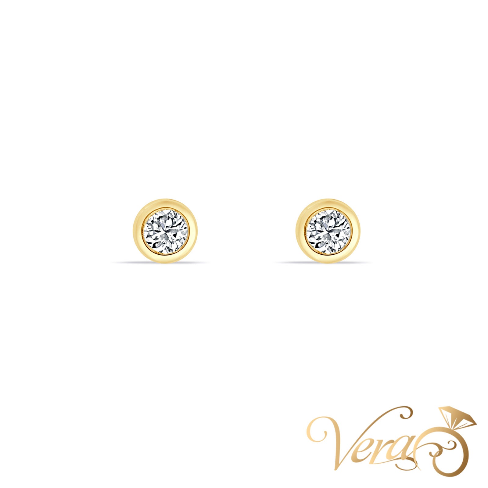 14K Yellow Gold Solitaire Stud Earrings with Cubic Zirconia, 4mm - Vera Jewelry in Miami