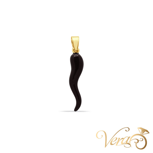 14K Yellow Gold Black Cornicello Pendant