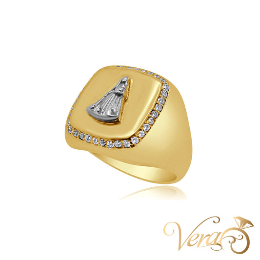 14K Yellow Gold Men’s Ring with Caridad del Cobre in White Gold and CZ, Size 10, 10.7g - Vera Jewelry in Miami