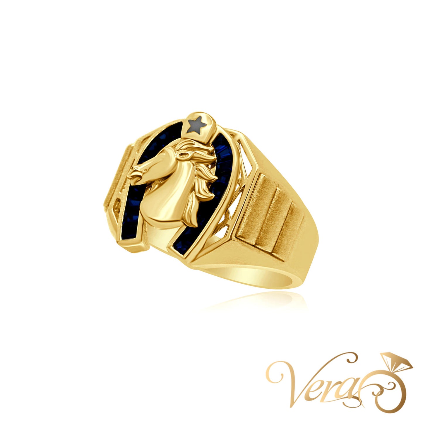 14K Yellow Gold Men’s Horseshoe Ring with Horse Head and Blue CZ Baguettes, Size 11, 8.7g