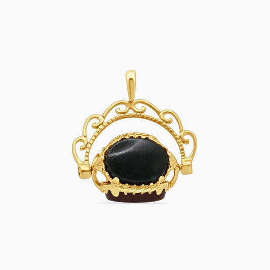 9K YG Vintage Arch Pendant with Amber, Jade & Onyx – 23mm