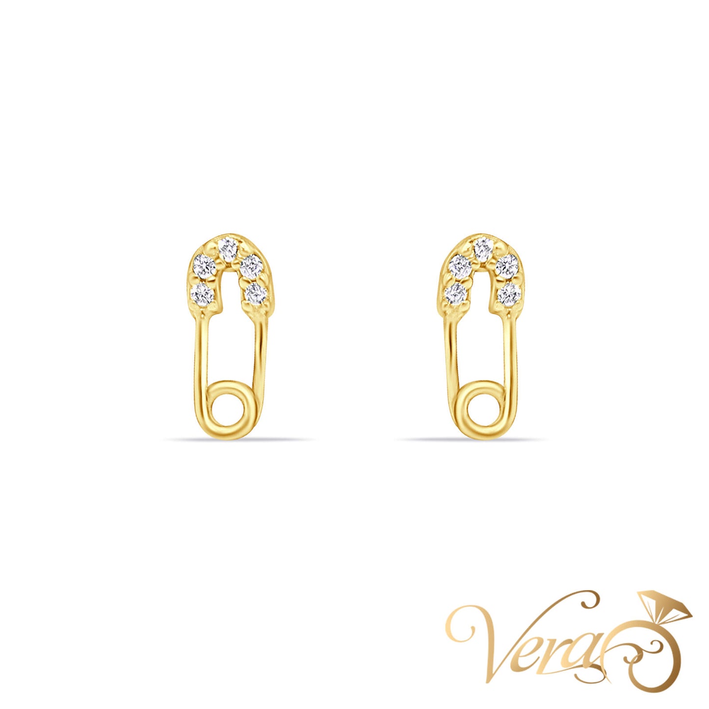 14K Yellow Gold Safety Pin Stud Earrings with CZ, 7.8mm - Vera Jewelry in Miami