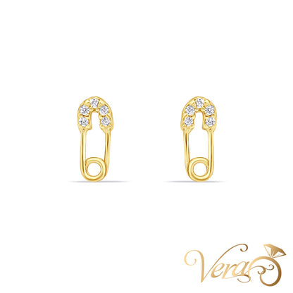 14K Yellow Gold Safety Pin Stud Earrings with Cubic Zirconia, 7.8mm
