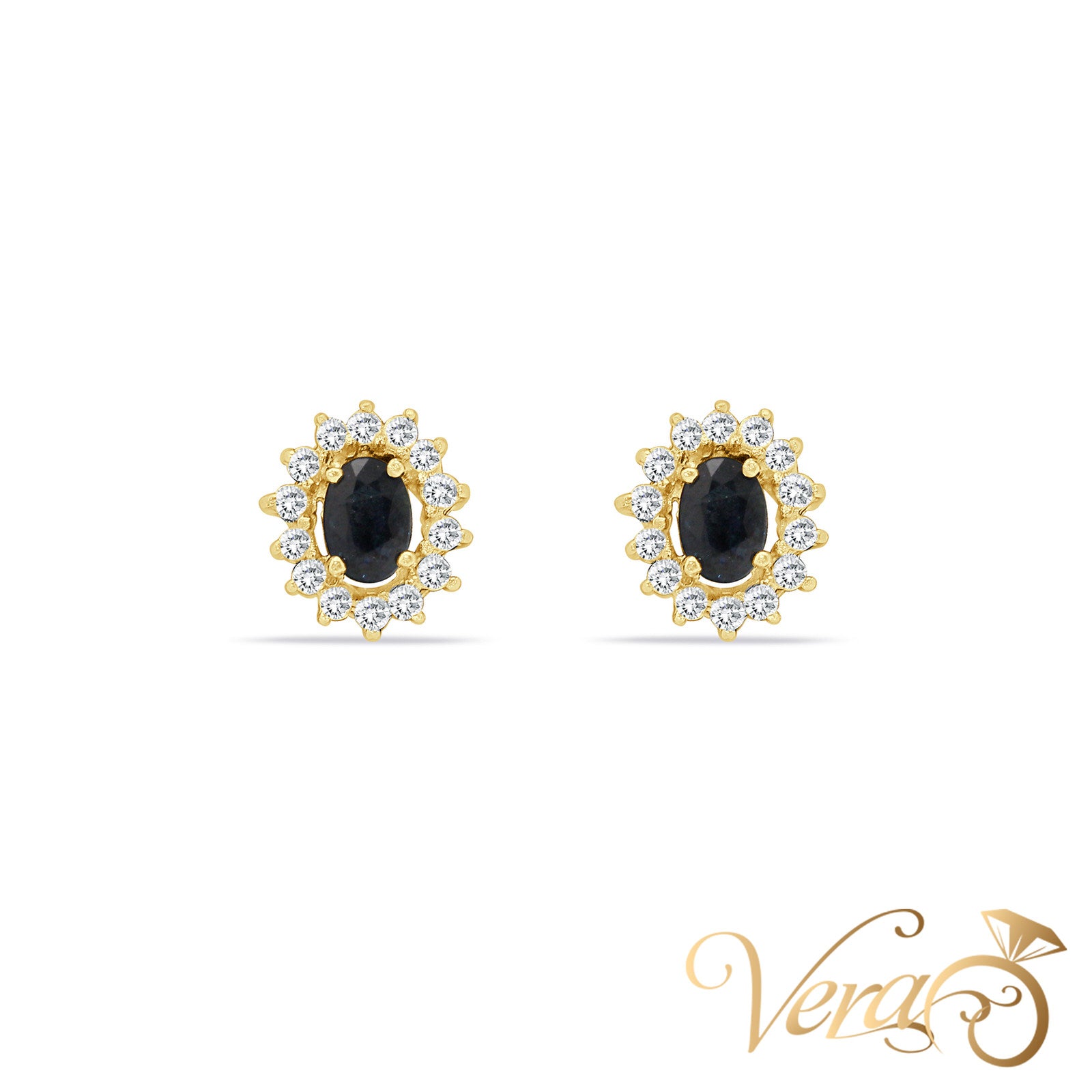 14K Yellow Gold Dark Blue Sapphire Stud Earrings, 0.50 ct, 12mm, 3.1g - Vera Jewelry in Miami