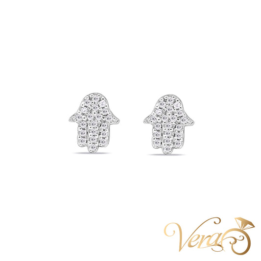 14K White Gold Hamsa Hand Stud Earrings with 0.10ct Natural Diamonds, 7mm, 0.9g