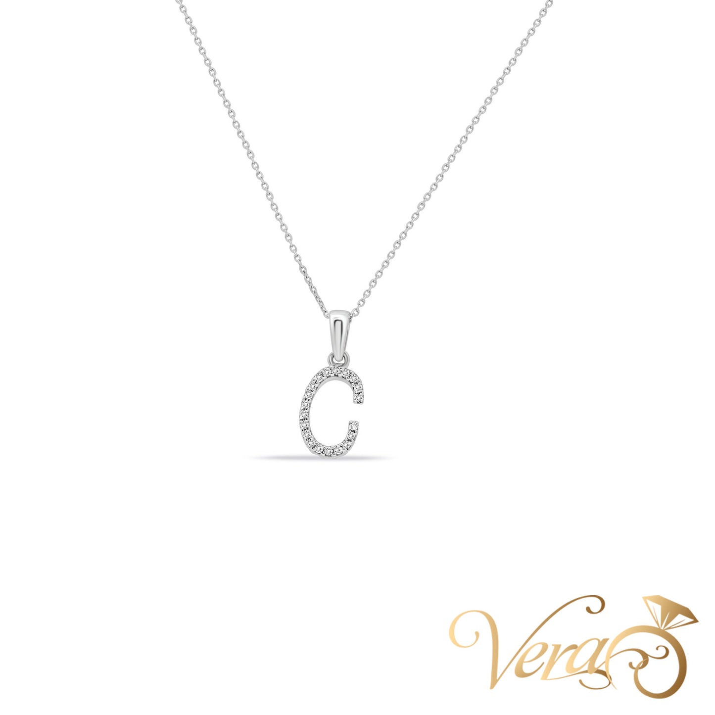 14K White Gold Letter “C” Pendant with Chain & 0.10ct Diamond – 18"