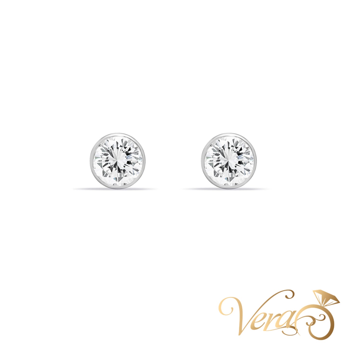 14K White Gold Round Stud Earrings with Natural Diamonds, 1.00 ct, 5.5mm, 1.7g - Vera Jewelry in Miami