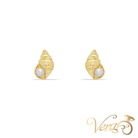 14K Yellow Gold Seashell Stud Earrings with Pearl, 9mm - Vera Jewelry in Miami