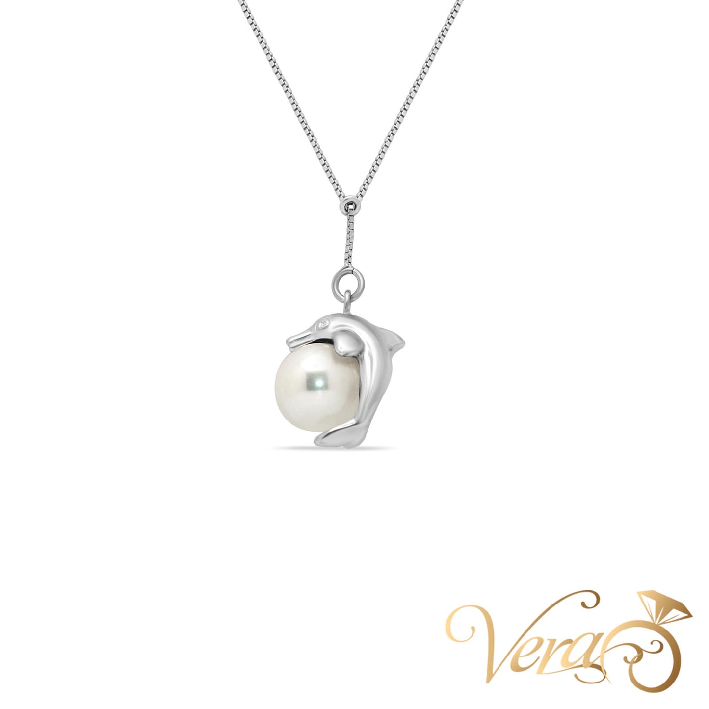 18K White Gold Dolphin Pendant with Pearl & Chain  20" - Vera Jewelry in Miami