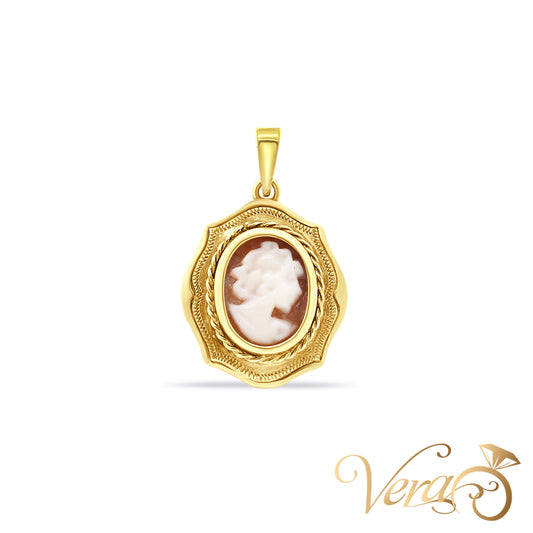 14K Yellow Gold Vintage Red Coral Pendant with Cameo  22mm - Vera Jewelry in Miami