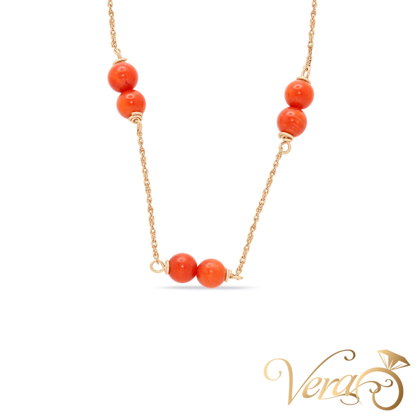 14K Yellow Gold Red Coral Chain  18" - Vera Jewelry in Miami